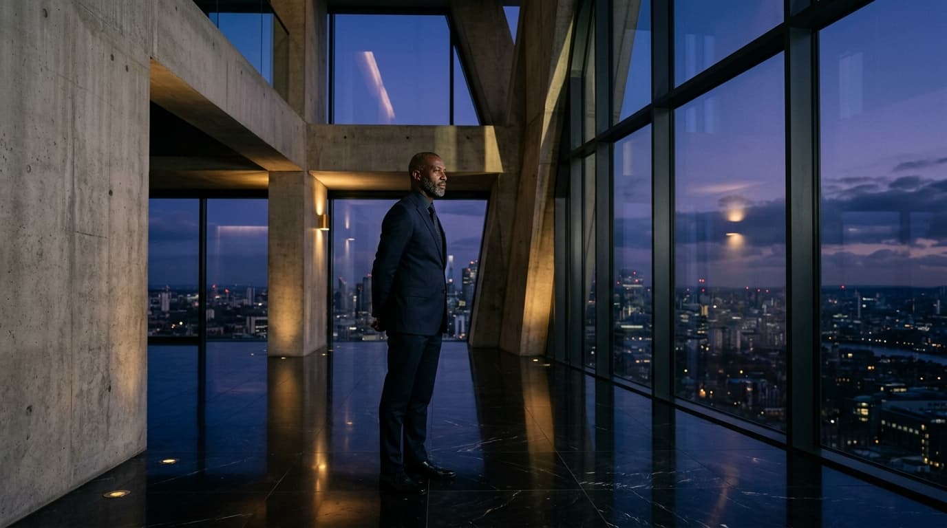 A contemplative African corporate leader in a sharp dark navy tailored silhouette standing in a brutalist glass-and-concrete pavilion at twilight.