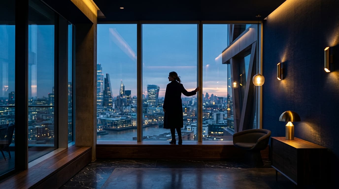 A figure stands at floor-to-ceiling windows overlooking a city skyline at dusk — contemplating the space between who they were and who they are becoming.