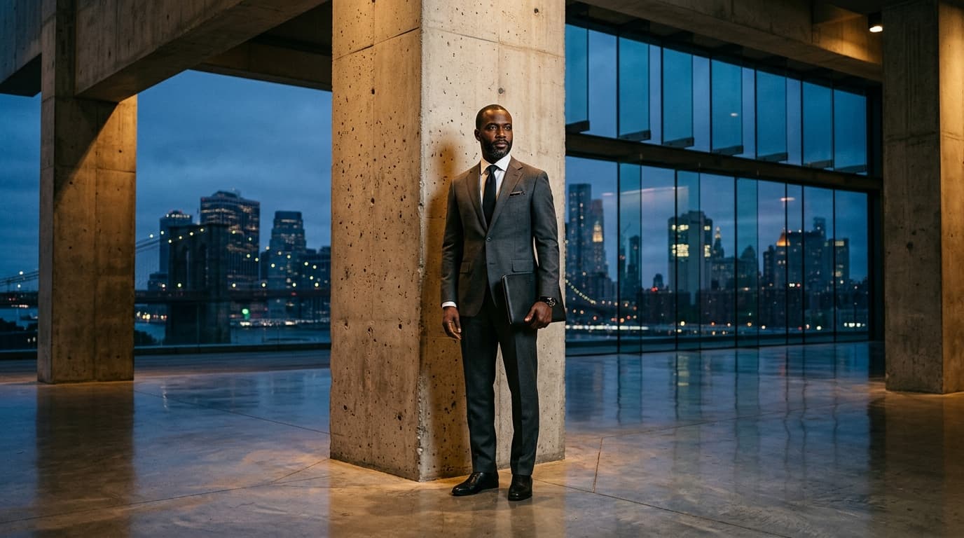 A distinguished African executive in a sharp bespoke tailored suit standing in quiet unshakeable authority next to a monumental raw concrete column in a modern brutalist pavilion overlooking a twilight metropolis skyline.