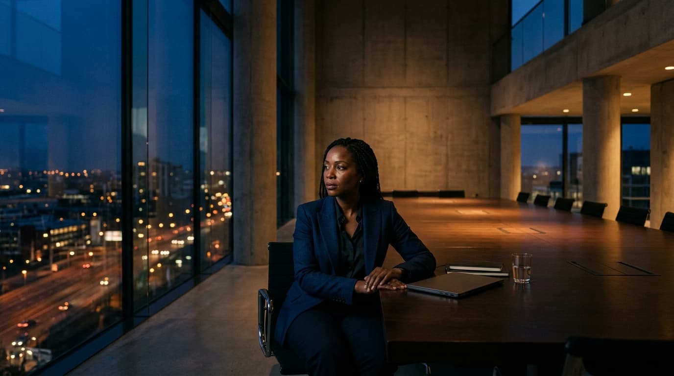 A solitary African professional woman seated alone in a vast empty minimalist concrete boardroom at twilight — the weight of unspoken exhaustion visible beneath polished composure.
