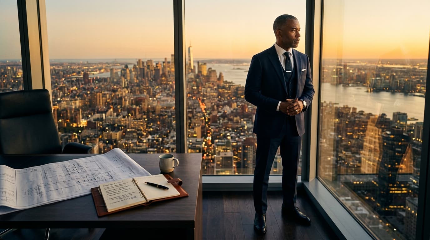 An architect reviewing blueprints at a minimalist desk in a quiet, light-filled studio — a metaphor for the deliberate, intentional design of personal and professional reputation.