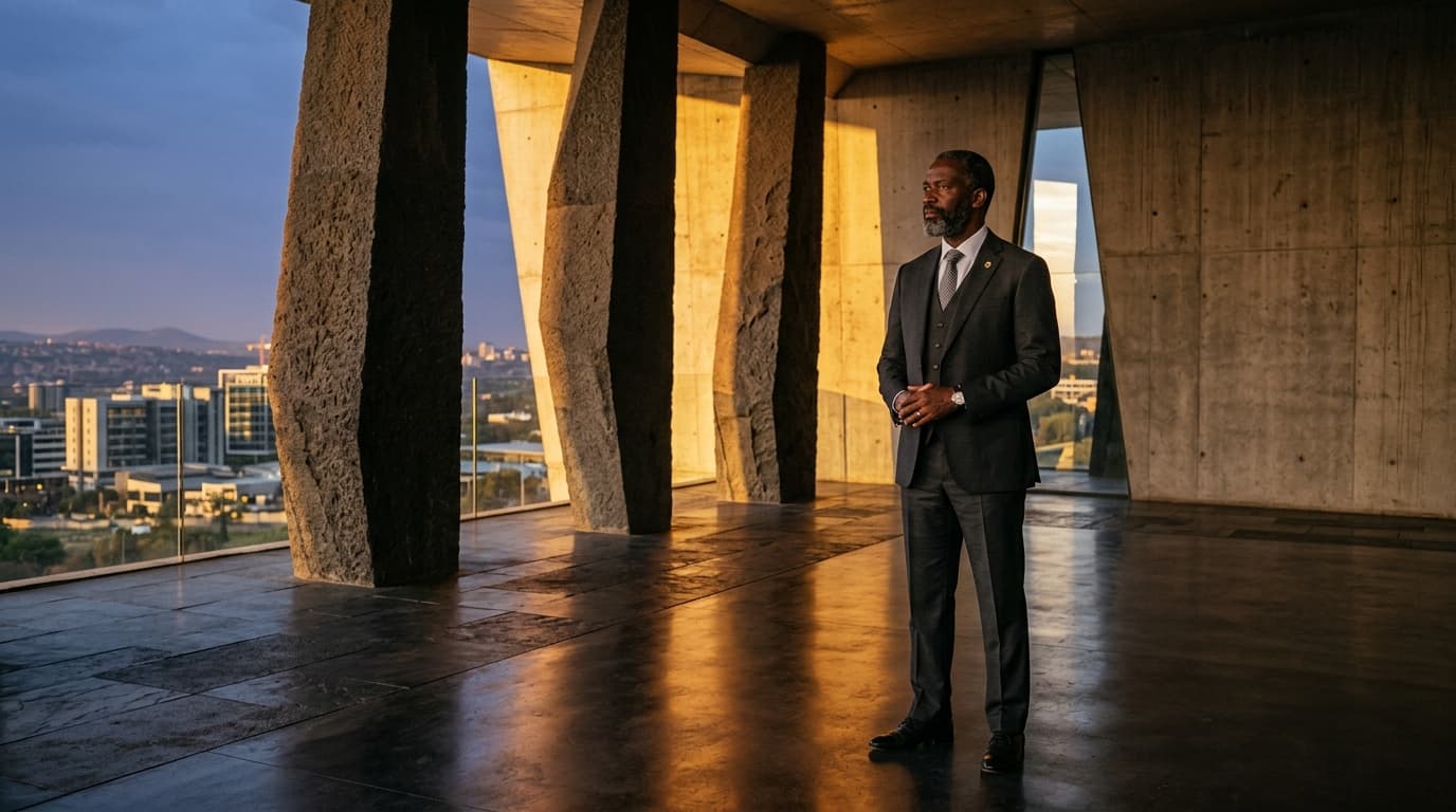Zeki Ubor standing in quiet executive gravitas inside a modern brutalist pavilion with three geometric stone pillars and warm golden dusk light.