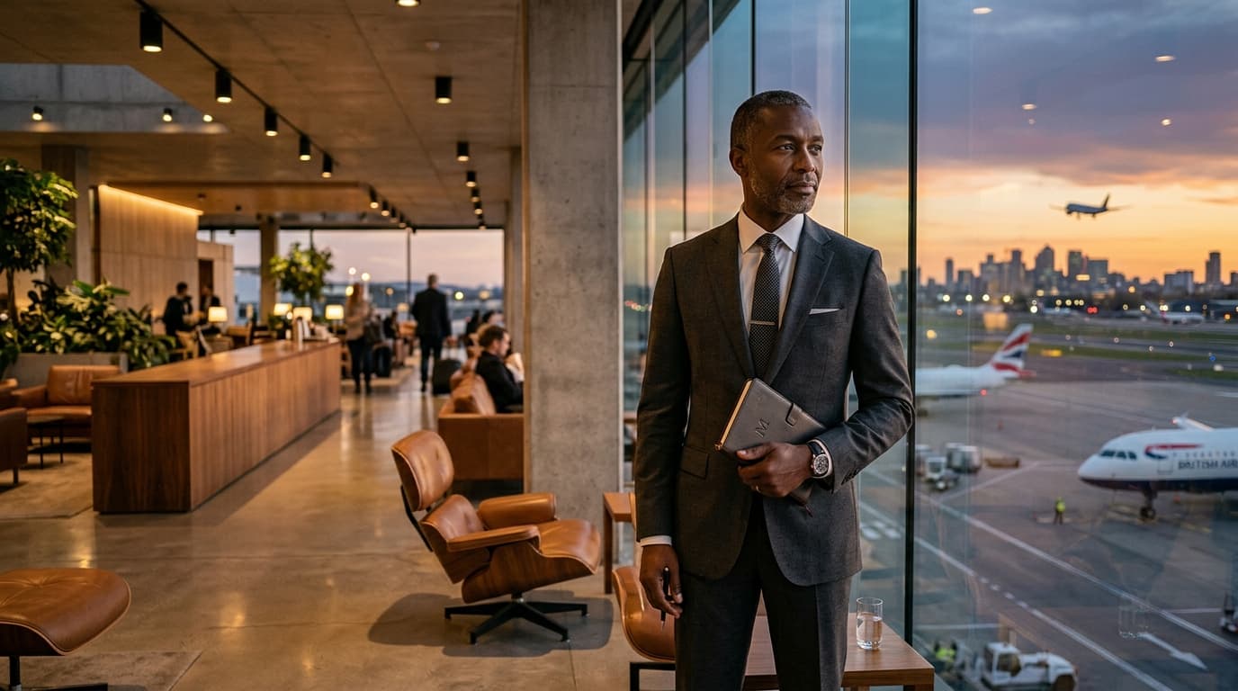 Zeki Ubor captured in transit in a modern brutalist architectural airport lounge at golden dusk — reflecting on natural ability, voice, and the architecture of deliberate development.