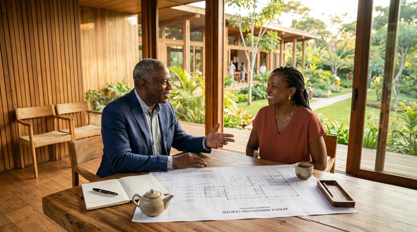 Two visionary African executives seated in warm, collaborative conversation across a handcrafted wooden table inside a sunlit modern architectural pavilion with garden views.