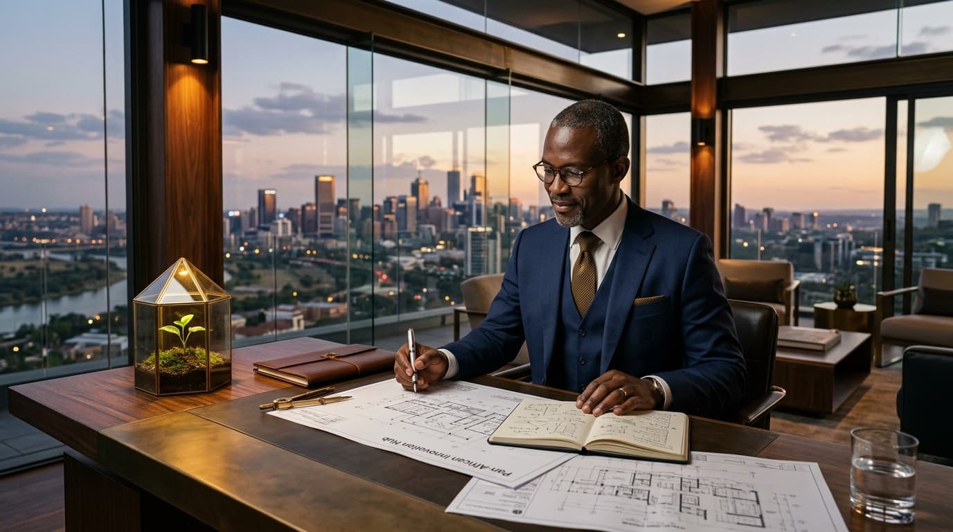 A visionary African executive and systems strategist seated at an architectural drafting desk with blueprints and a glowing seedling terrarium at golden dusk.