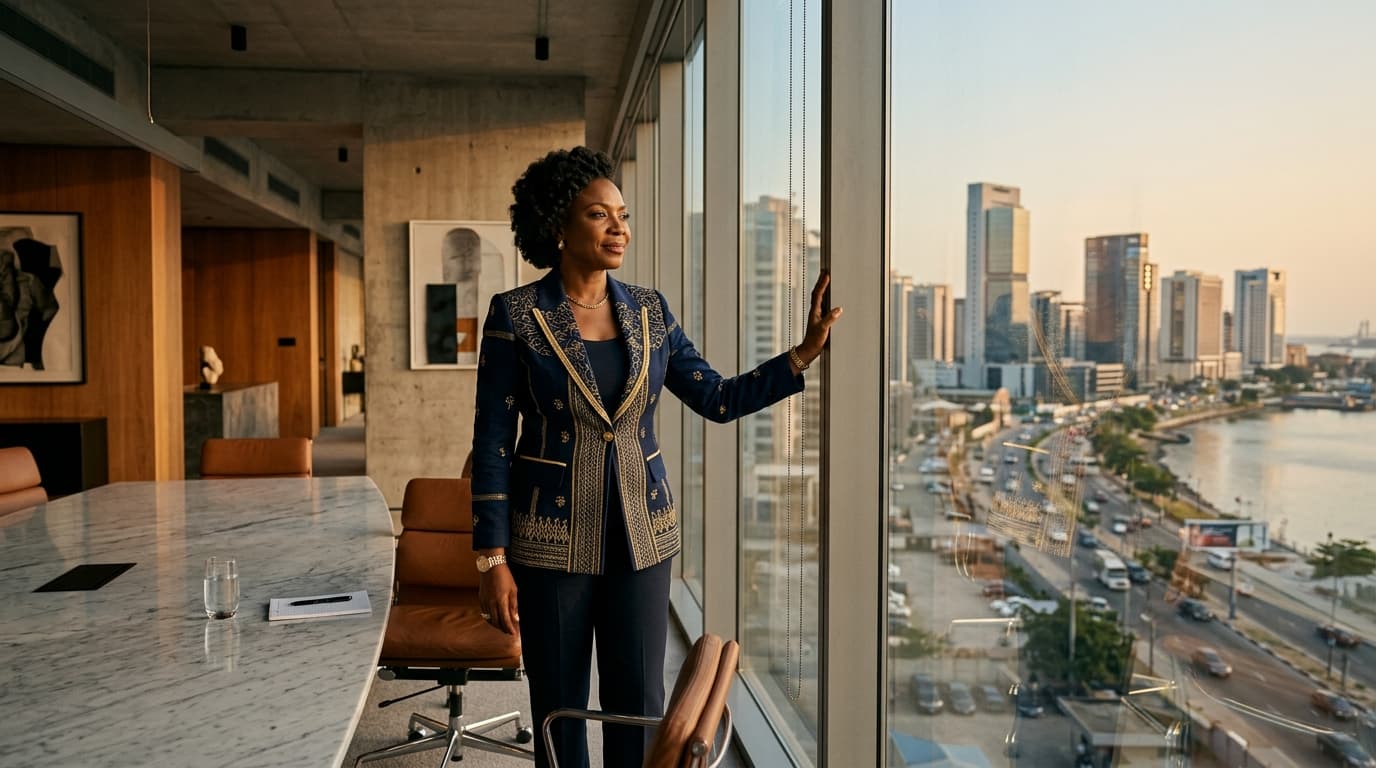 An accomplished Nigerian female executive and systems architect in a bespoke modern Yoruba-inspired indigo and gold attire looking out over the Lagos skyline at golden dusk.