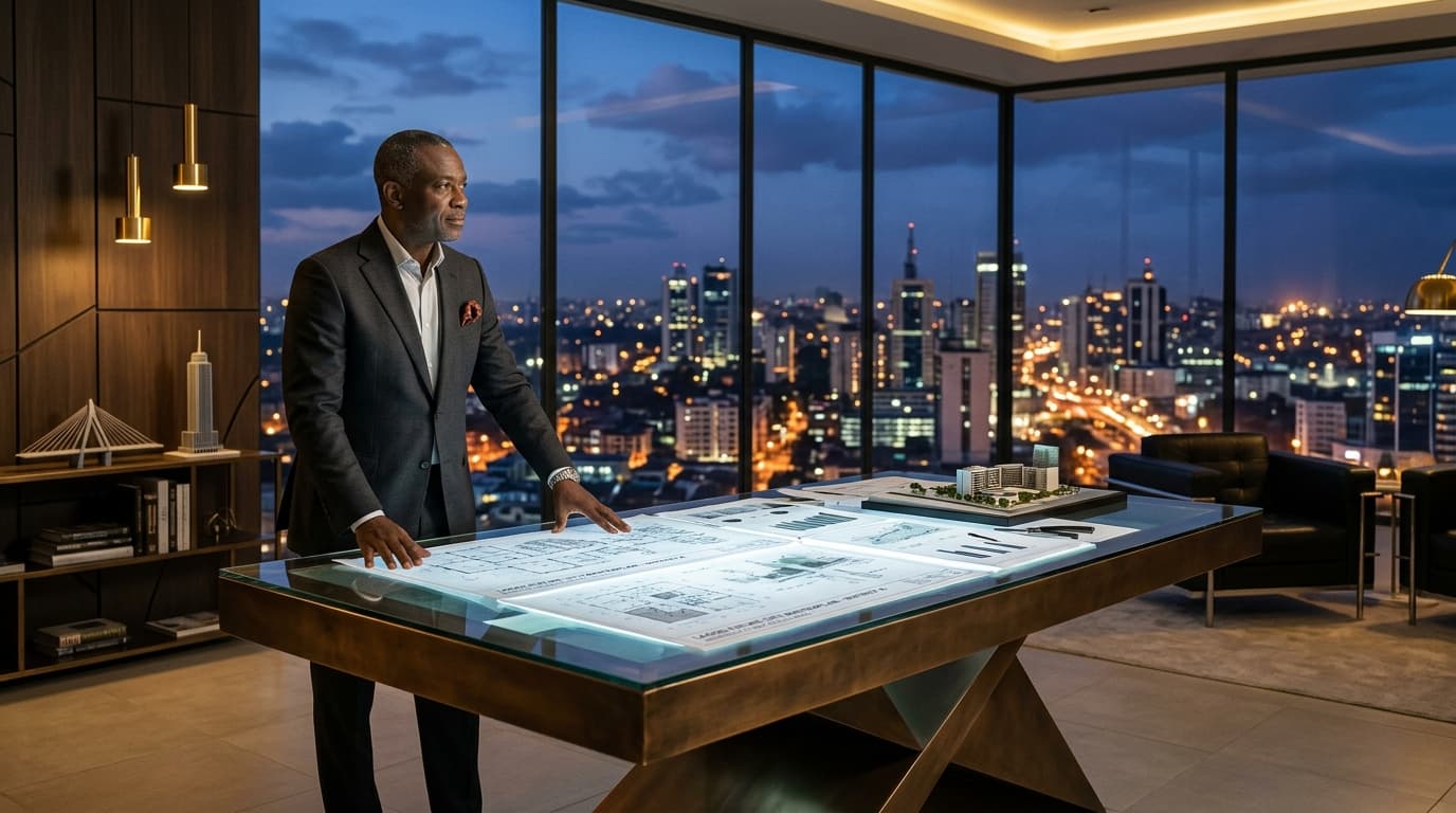Zeki Ubor reviewing architectural blueprints and economic frameworks in an executive studio overlooking a metropolis skyline at dusk.